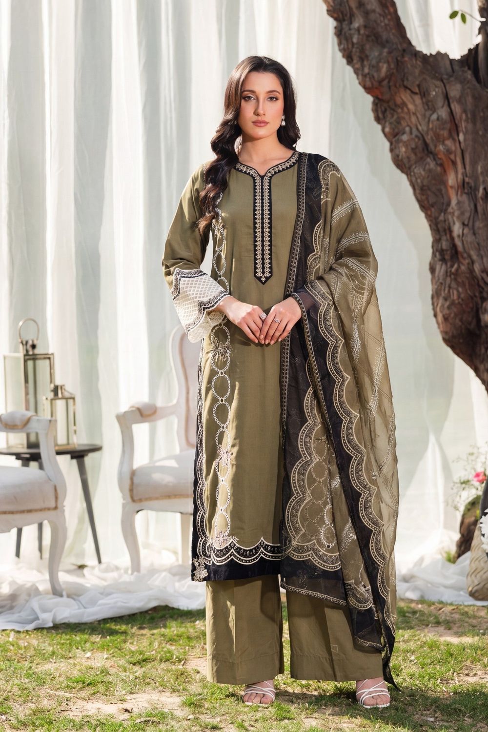 Olive Green Embroidered Lawn Pakistani Suit Online in Dubai UAE Abudhabi Ajman Sharjah