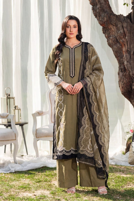 Olive Green Embroidered Lawn Pakistani Suit Online in Dubai UAE Abudhabi Ajman Sharjah