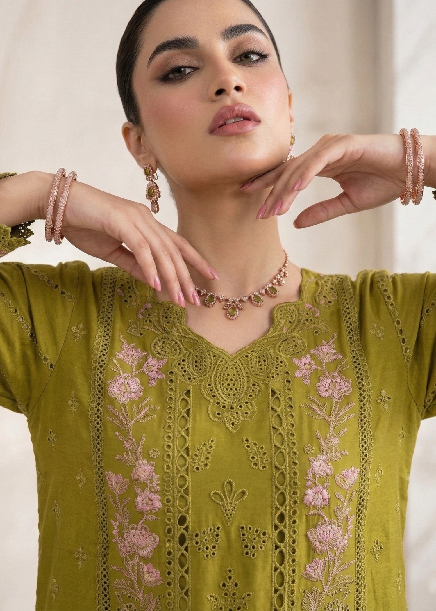 Olive Green Embroidered Lawn Party Wear Suit Online in Sri Lanka India Australia