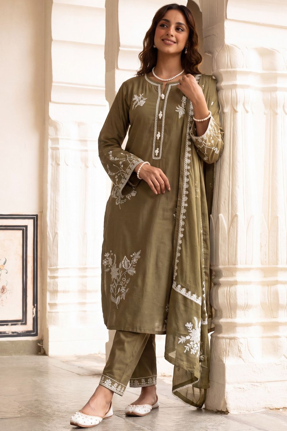 Olive Green Embroidered Lawn Salwar Suit Online in Dubai UAE Abudhabi Ajman Sharjah