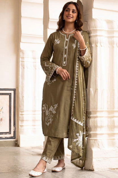 Olive Green Embroidered Lawn Salwar Suit Online in Dubai UAE Abudhabi Ajman Sharjah