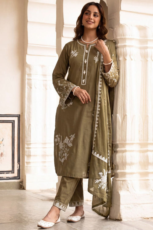 Olive Green Embroidered Lawn Salwar Suit Online in Dubai UAE Abudhabi Ajman Sharjah