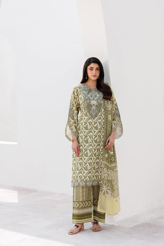 Olive Green Embroidered Lawn Salwar Suit Online in Dubai UAE Abudhabi Ajman Sharjah