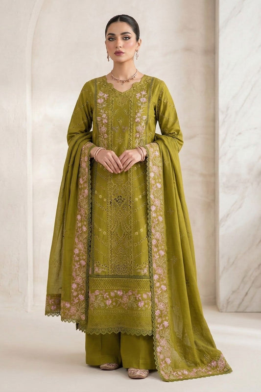 Olive Green Embroidered Lawn Suit Online in Dubai UAE Abudhabi Ajman Sharjah