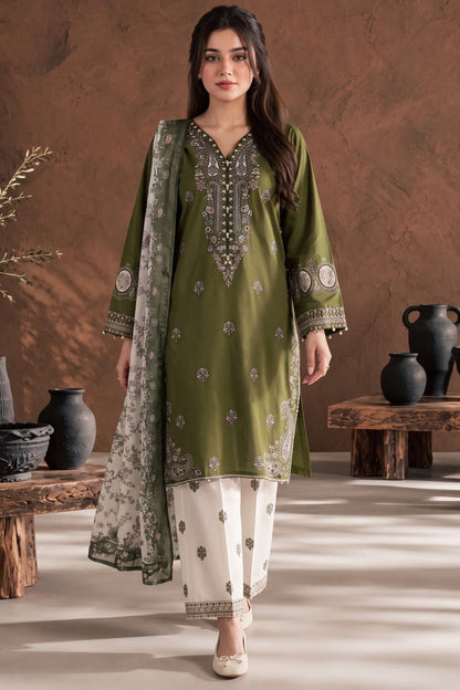 Olive Green Embroidered Linen Pakistani Suit Online in Dubai UAE Abudhabi Ajman Sharjah