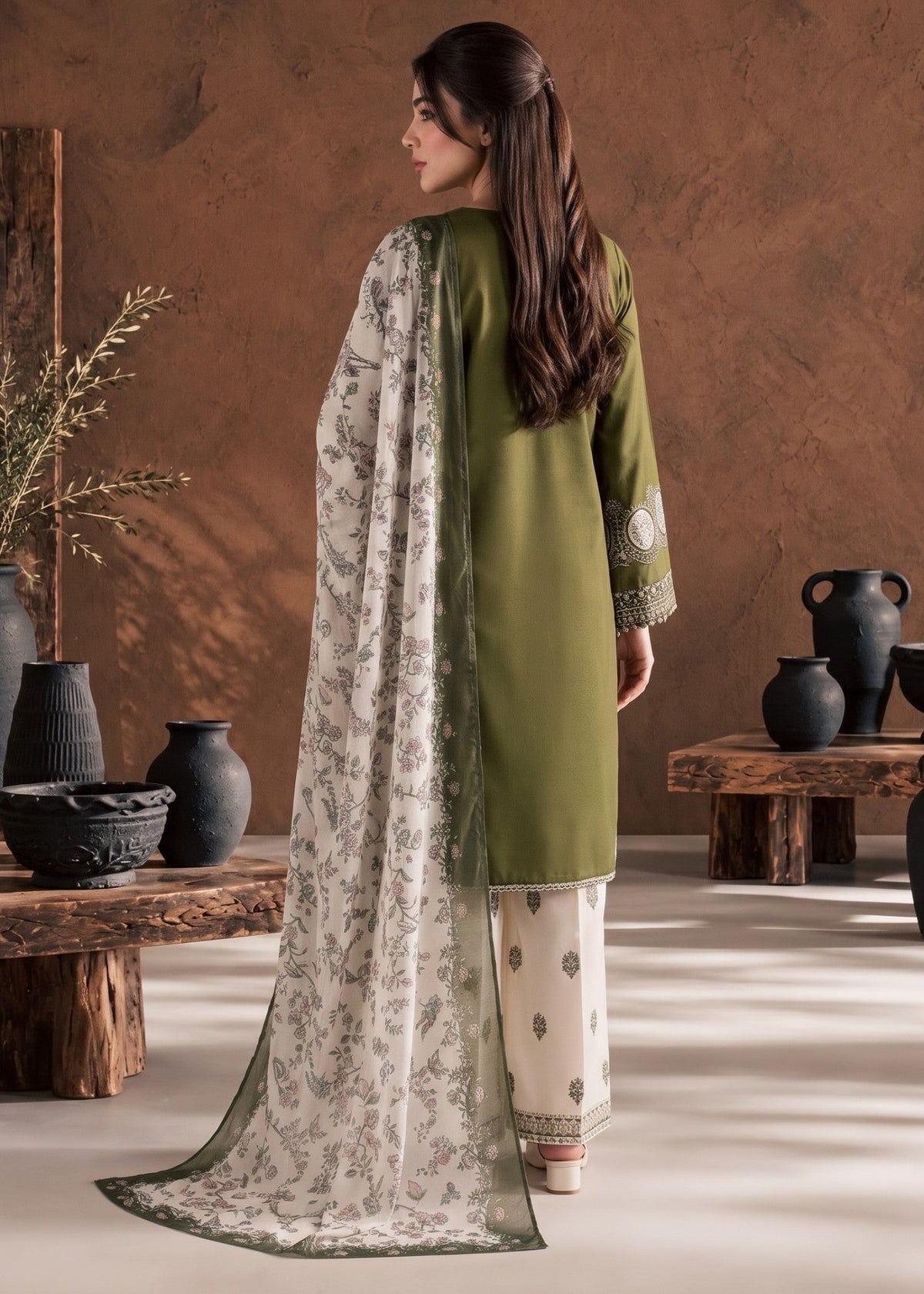 Olive Green Embroidered Linen Salwar Suit Online in Dubai DXB UAE Abudhabi Meena Bazaar