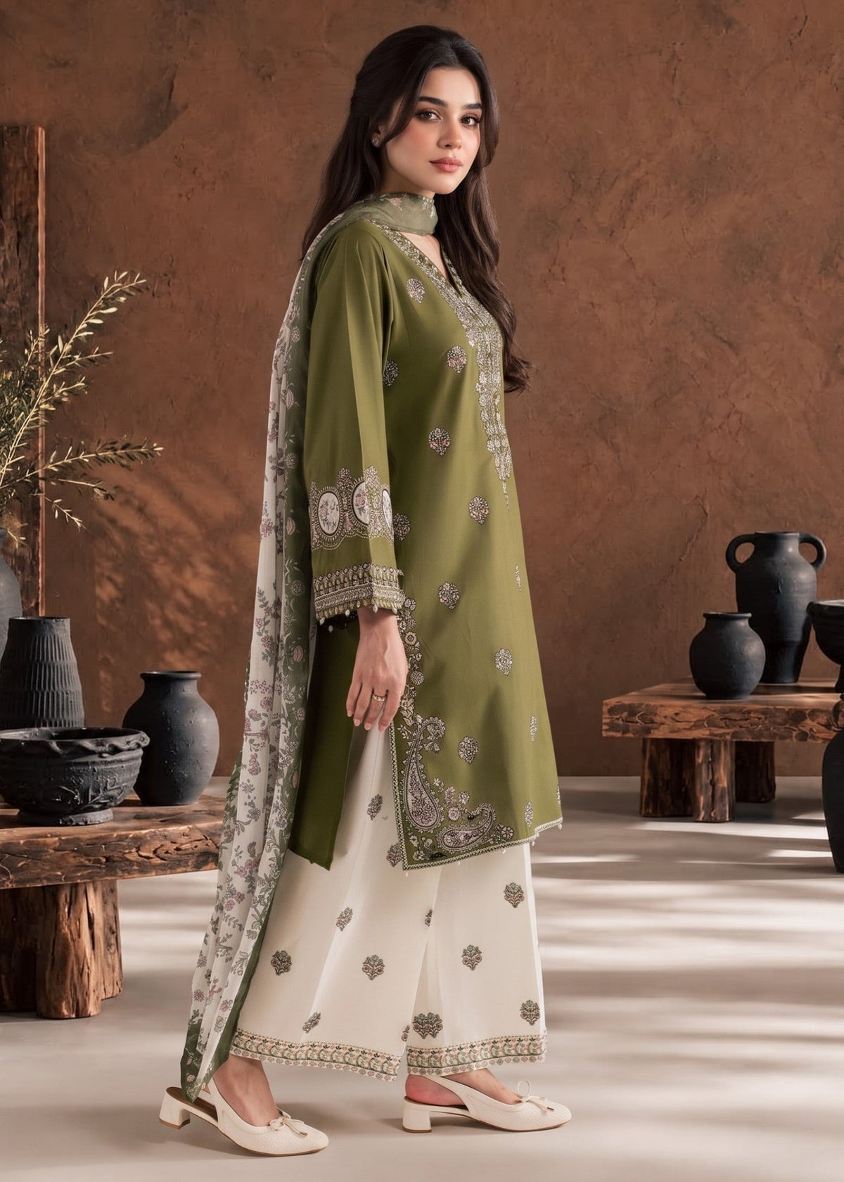 Olive Green Embroidered Linen Shalwar Kameez Online in UK USA Canada