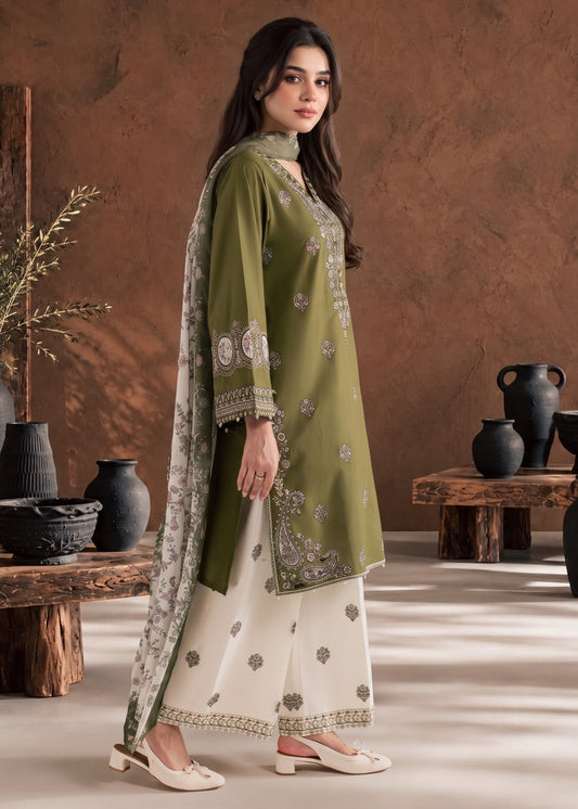 Olive Green Embroidered Linen Shalwar Kameez Online in UK USA Canada