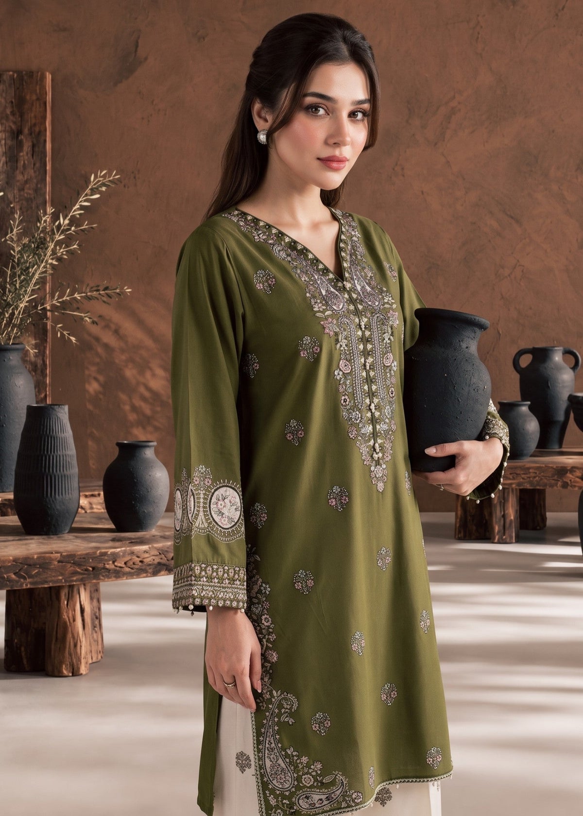 Olive Green Embroidered Linen Winter Wear Salwar Kameez Online in KSA Riyadh Saudi Arabia Oman Bahrain Qatar