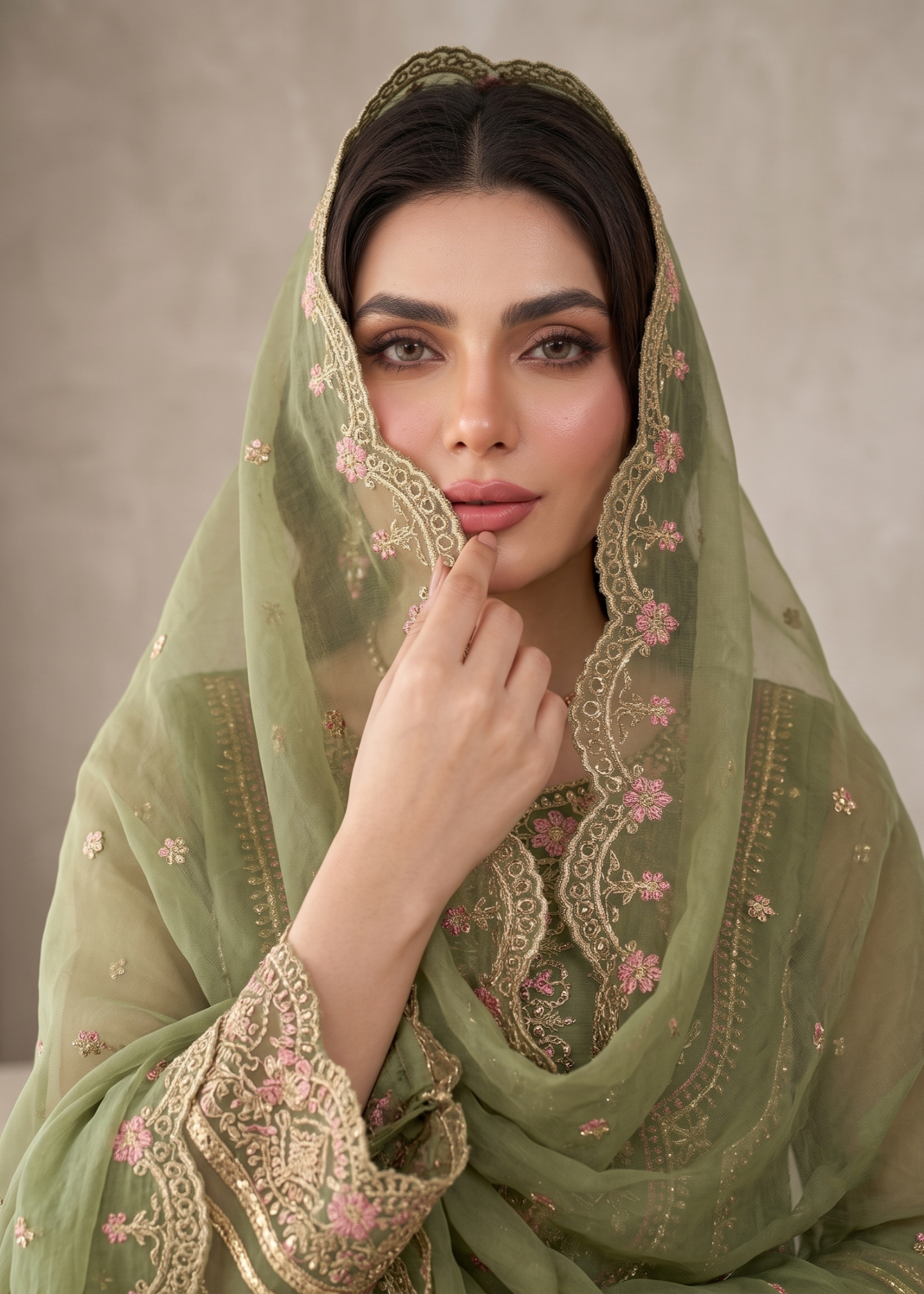 Olive Green Embroidered Organza 3 Piece Dress Online in Dubai UAE Abudhabi Ajman Sharjah