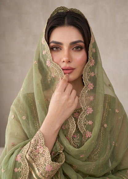 Olive Green Embroidered Organza 3 Piece Dress Online in Dubai UAE Abudhabi Ajman Sharjah