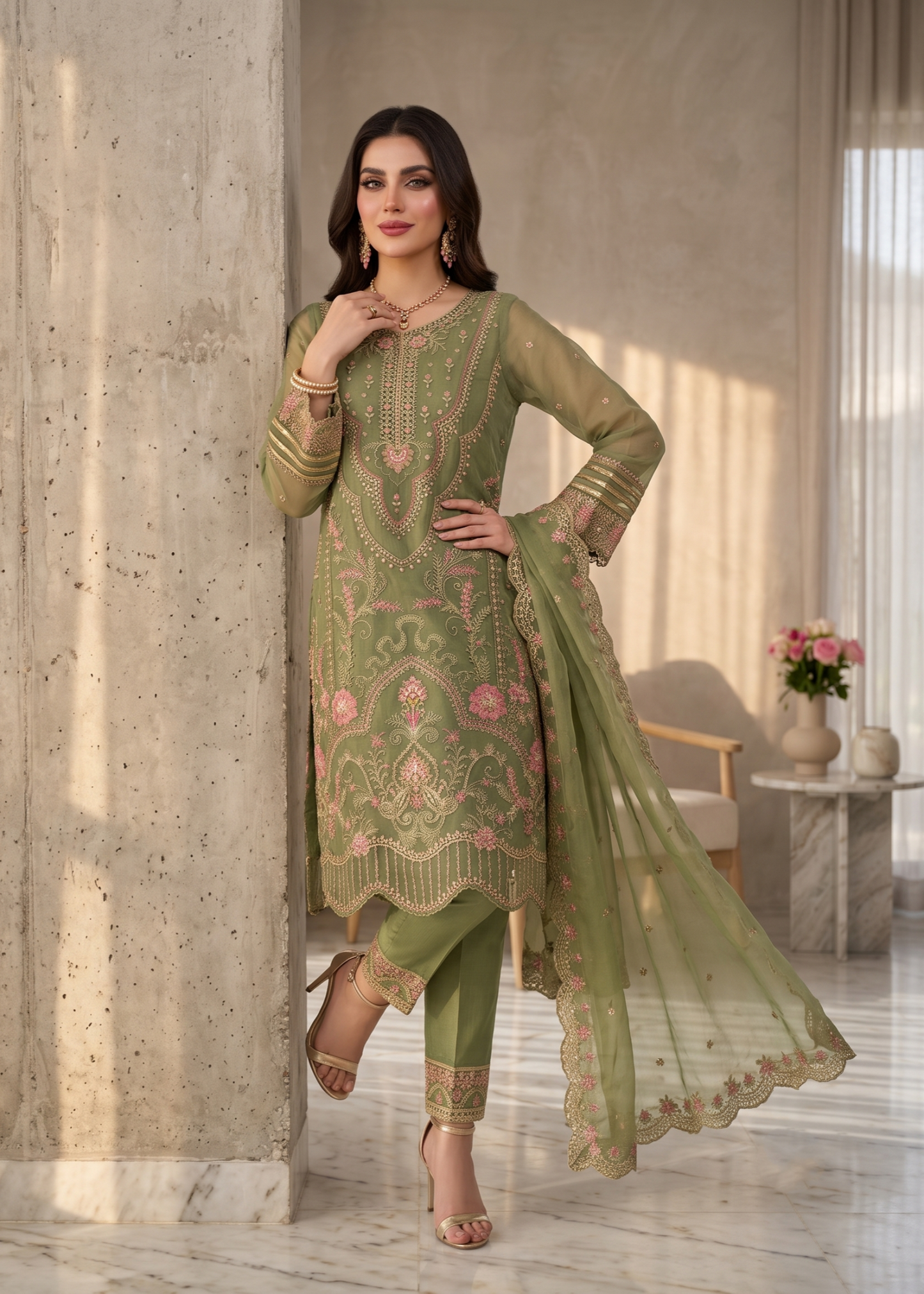 Olive Green Embroidered Organza 3 Piece Suit Online in Sri Lanka India Australia