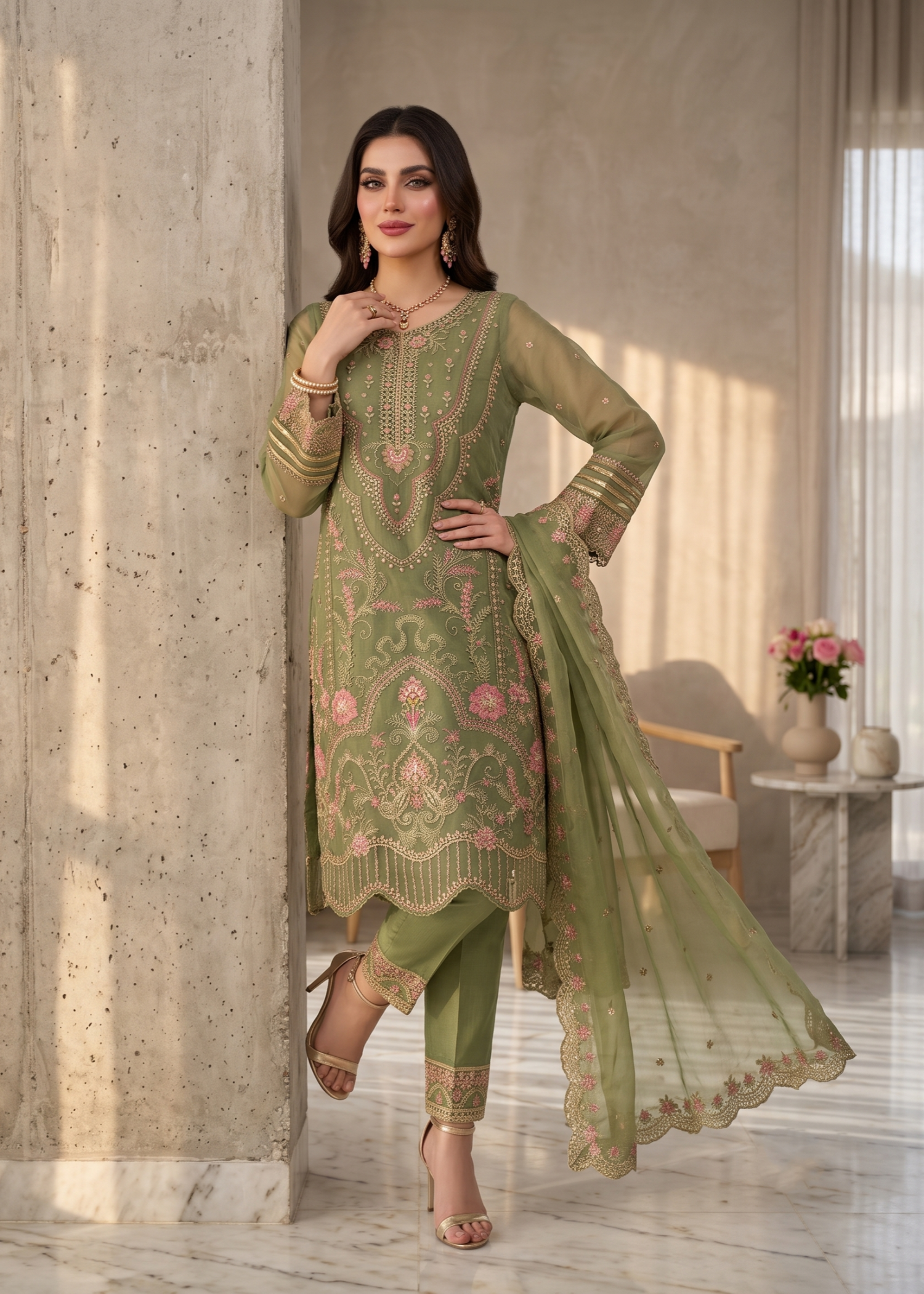 Olive Green Embroidered Organza 3 Piece Suit Online in Sri Lanka India Australia