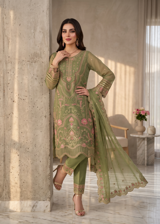 Olive Green Embroidered Organza 3 Piece Suit Online in Sri Lanka India Australia