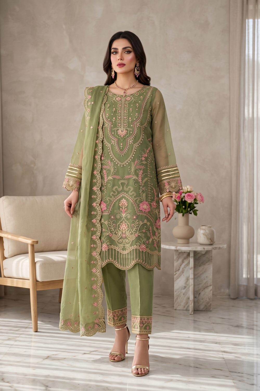 Olive Green Embroidered Organza Festive Suit Online in Dubai UAE Abudhabi Ajman Sharjah