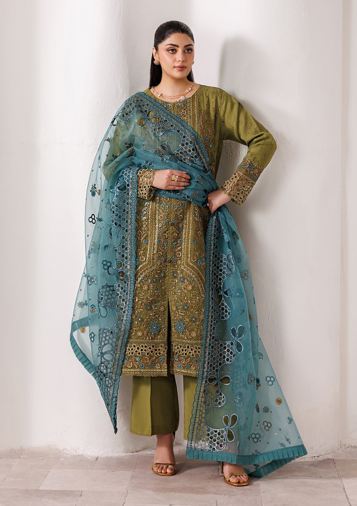 Olive Green Embroidered Organza Festive Wear Salwar Kameez Online in Sri Lanka India Australia