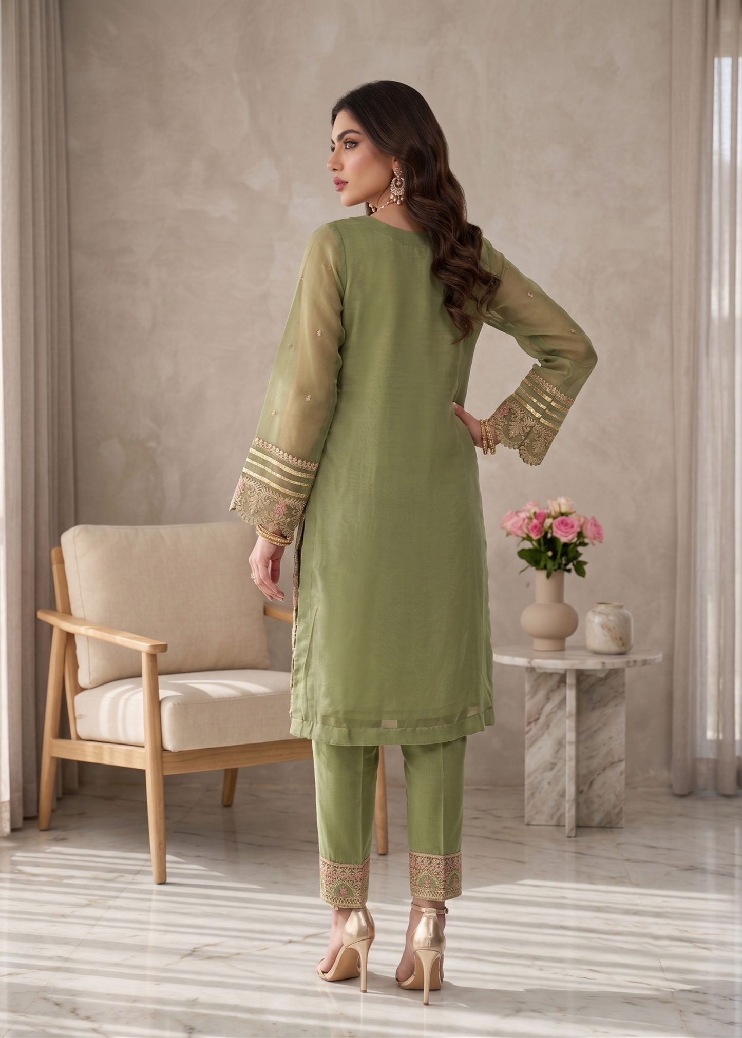 Olive Green Embroidered Organza Ladies Suit Online in UK USA Canada
