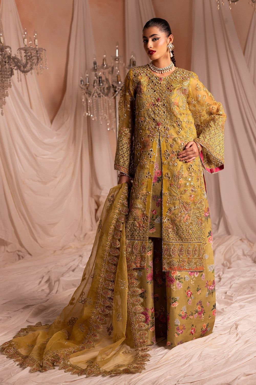 Olive Green Embroidered Organza Pakistani Suit Online in Dubai UAE Abudhabi Ajman Sharjah