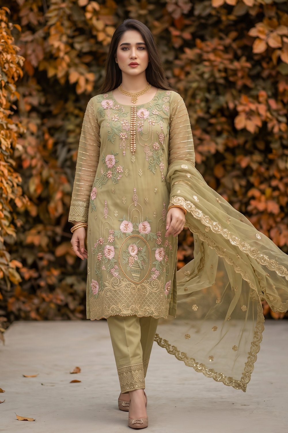 Olive Green Embroidered Organza Pakistani Suit Online in Dubai UAE Abudhabi Ajman Sharjah