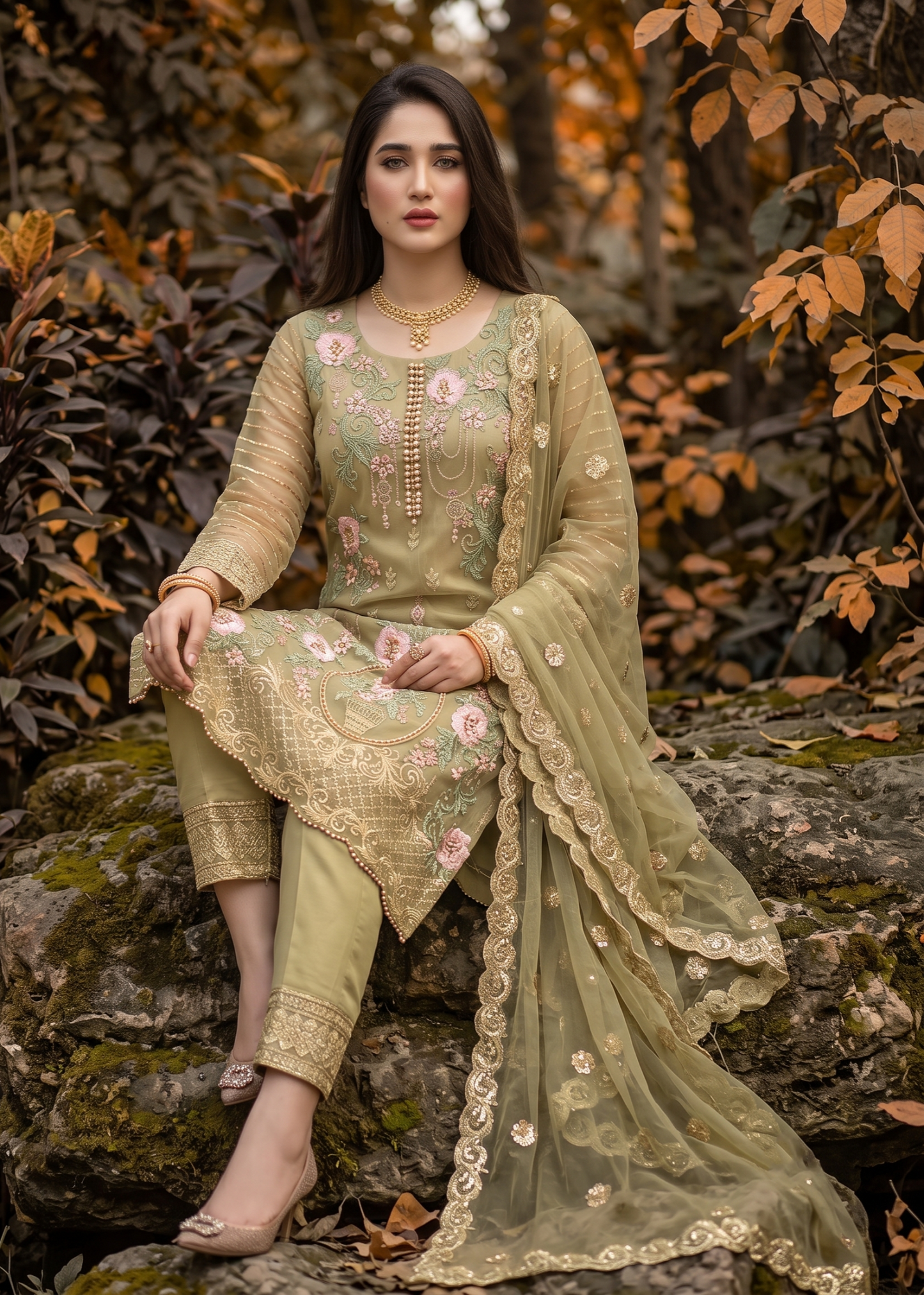 Olive Green Embroidered Organza Partywear Suit Online in Dubai DXB UAE Abudhabi Meena Bazaar