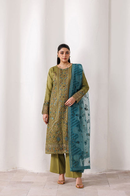 Olive Green Embroidered Organza Partywear Suit Online in Dubai UAE Abudhabi Ajman Sharjah
