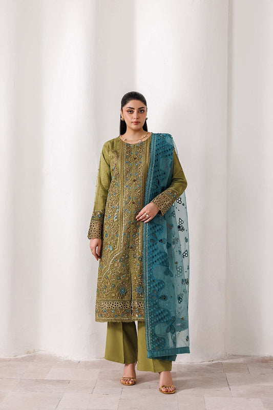 Olive Green Embroidered Organza Partywear Suit Online in Dubai UAE Abudhabi Ajman Sharjah