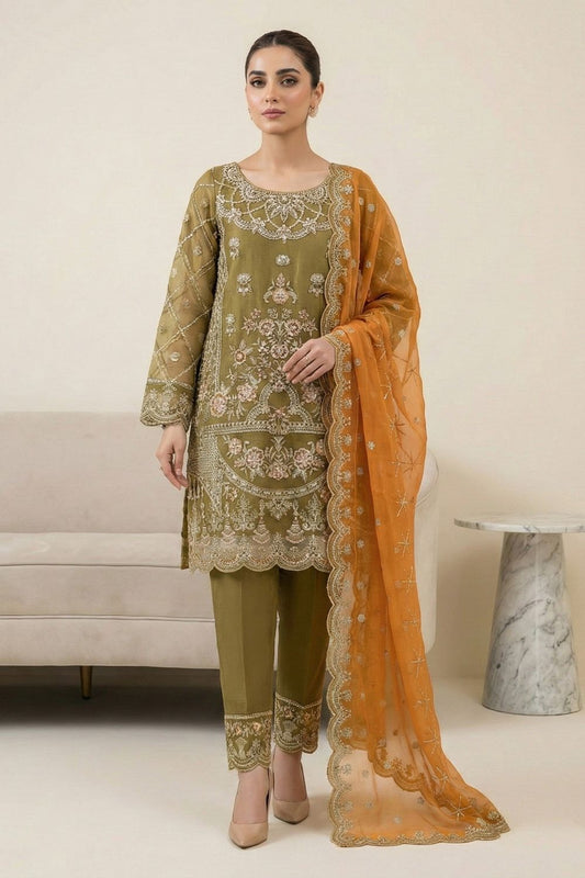Olive Green Embroidered Organza Salwar Kameez Online in Dubai UAE Abudhabi Ajman Sharjah