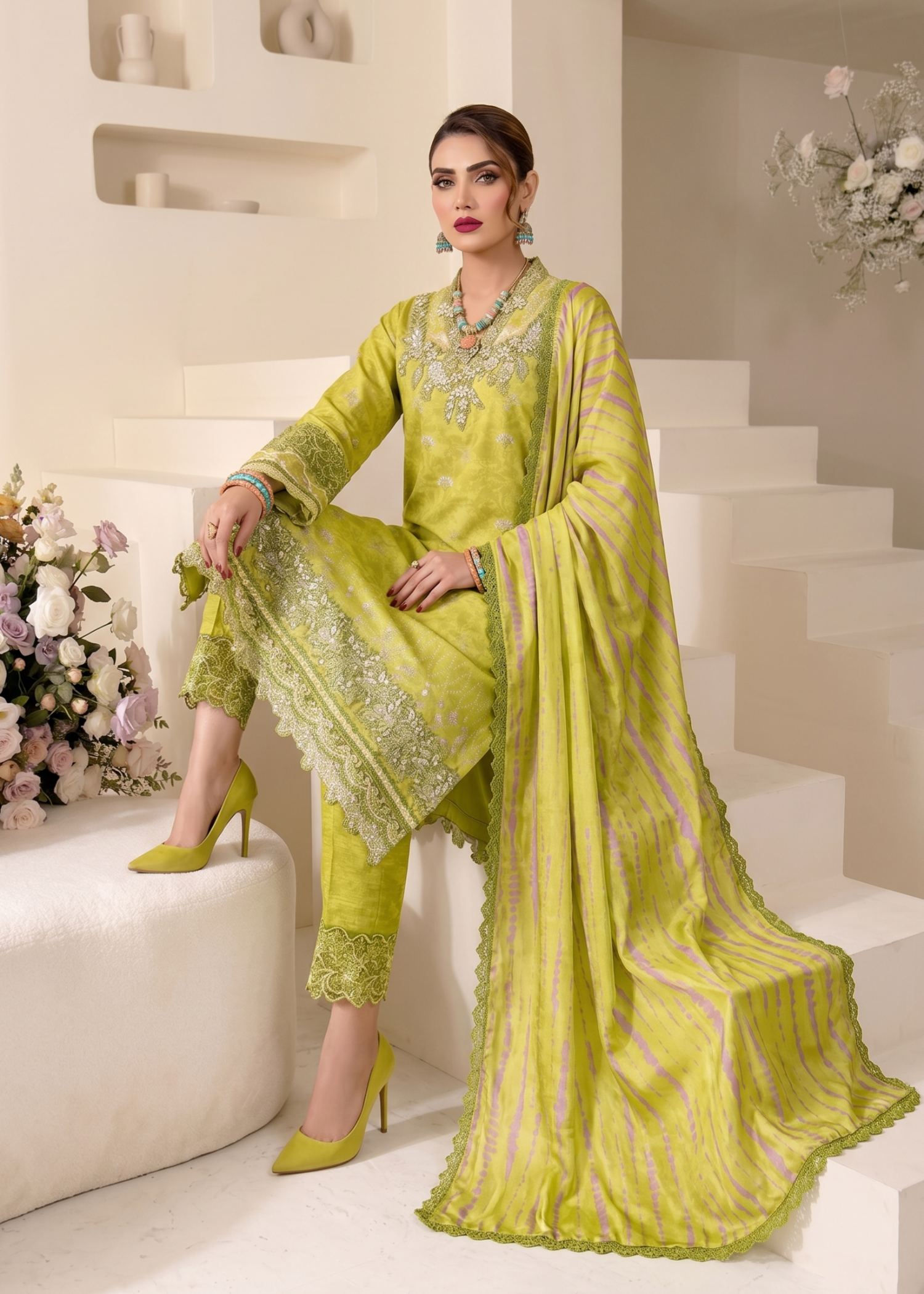 Olive Green Embroidered Raw Silk 3 Piece Dress Online in Sri Lanka India Australia