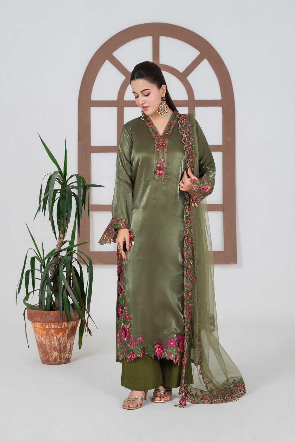 Olive Green Embroidered Silk Salwar Kameez Online in Dubai UAE Abudhabi Ajman Sharjah