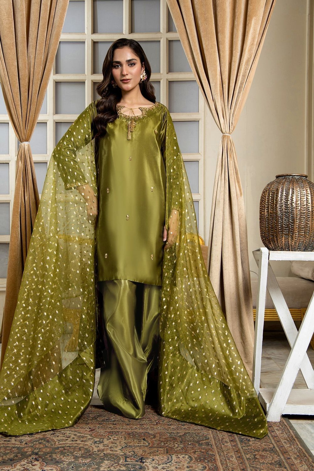 Olive Green Hand Embellished Kattan Silk Farshi Shalwar Online in Dubai UAE Abudhabi Ajman Sharjah