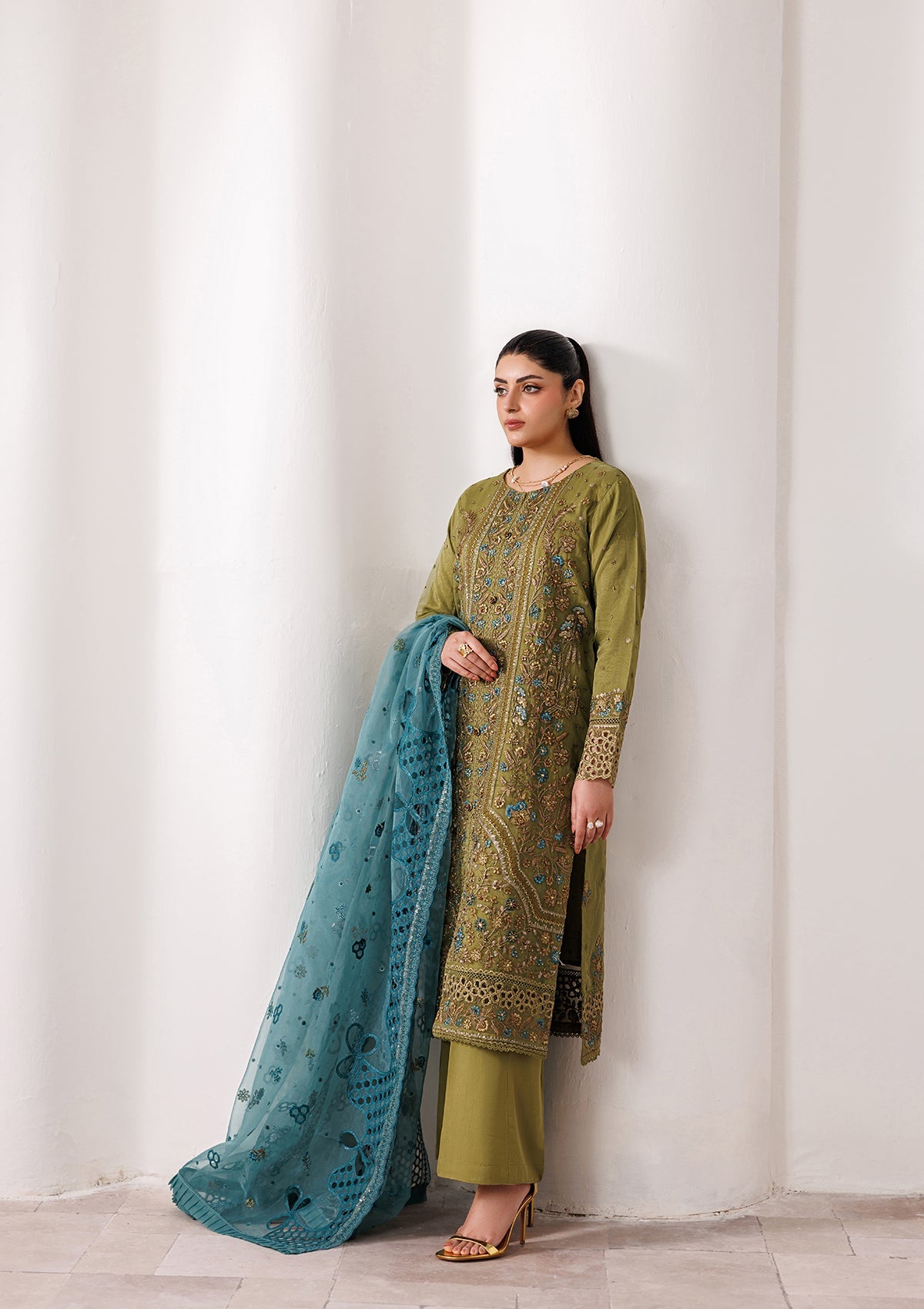 Olive Green Hand Embroidered Organza Pakistani Suit Online in Dubai DXB UAE Abudhabi Meena Bazaar