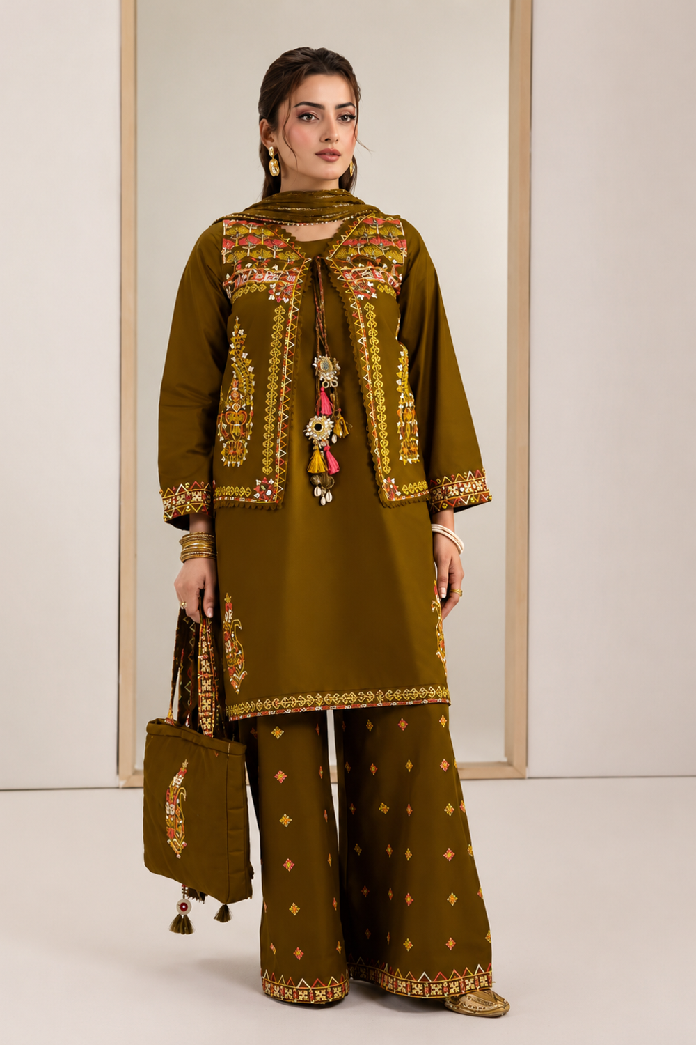 Olive Green Hand Painted Embroidered Cotton Pakistani Suit Online in Dubai UAE Abudhabi Ajman Sharjah