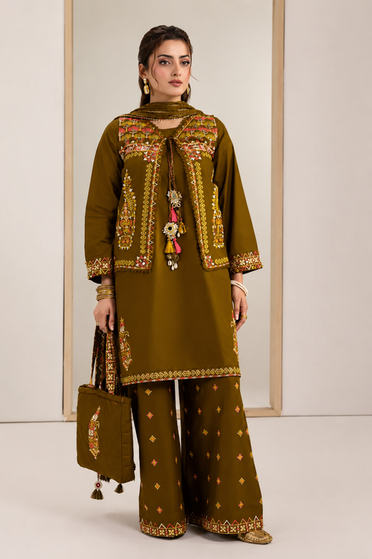 Olive Green Hand Painted Embroidered Cotton Pakistani Suit Online in Dubai UAE Abudhabi Ajman Sharjah
