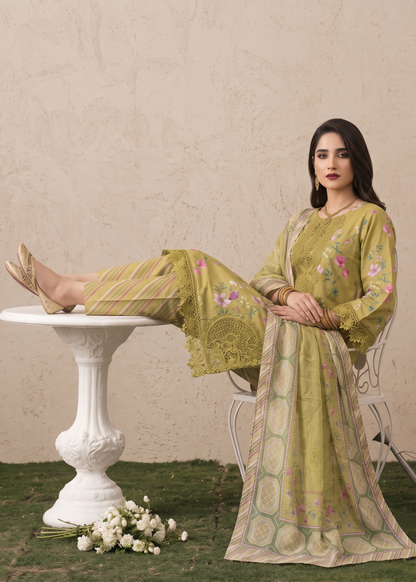 Olive Green Lawn Embroidered Festive Suit Online in Sri Lanka India Australia