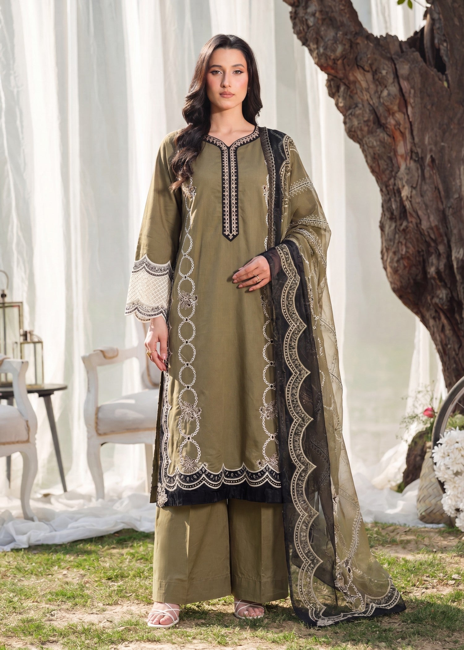 Olive Green Lawn Embroidered Pakistani Outfit Online in KSA Riyadh Saudi Arabia Oman Bahrain Qatar