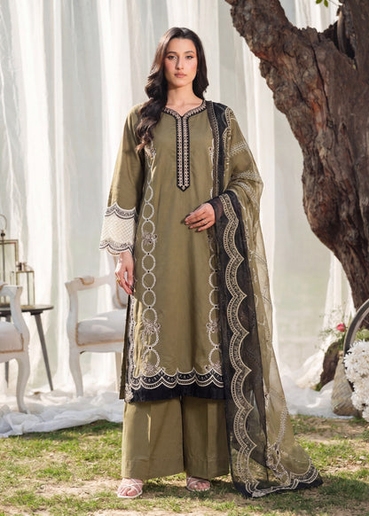 Olive Green Lawn Embroidered Pakistani Outfit Online in KSA Riyadh Saudi Arabia Oman Bahrain Qatar