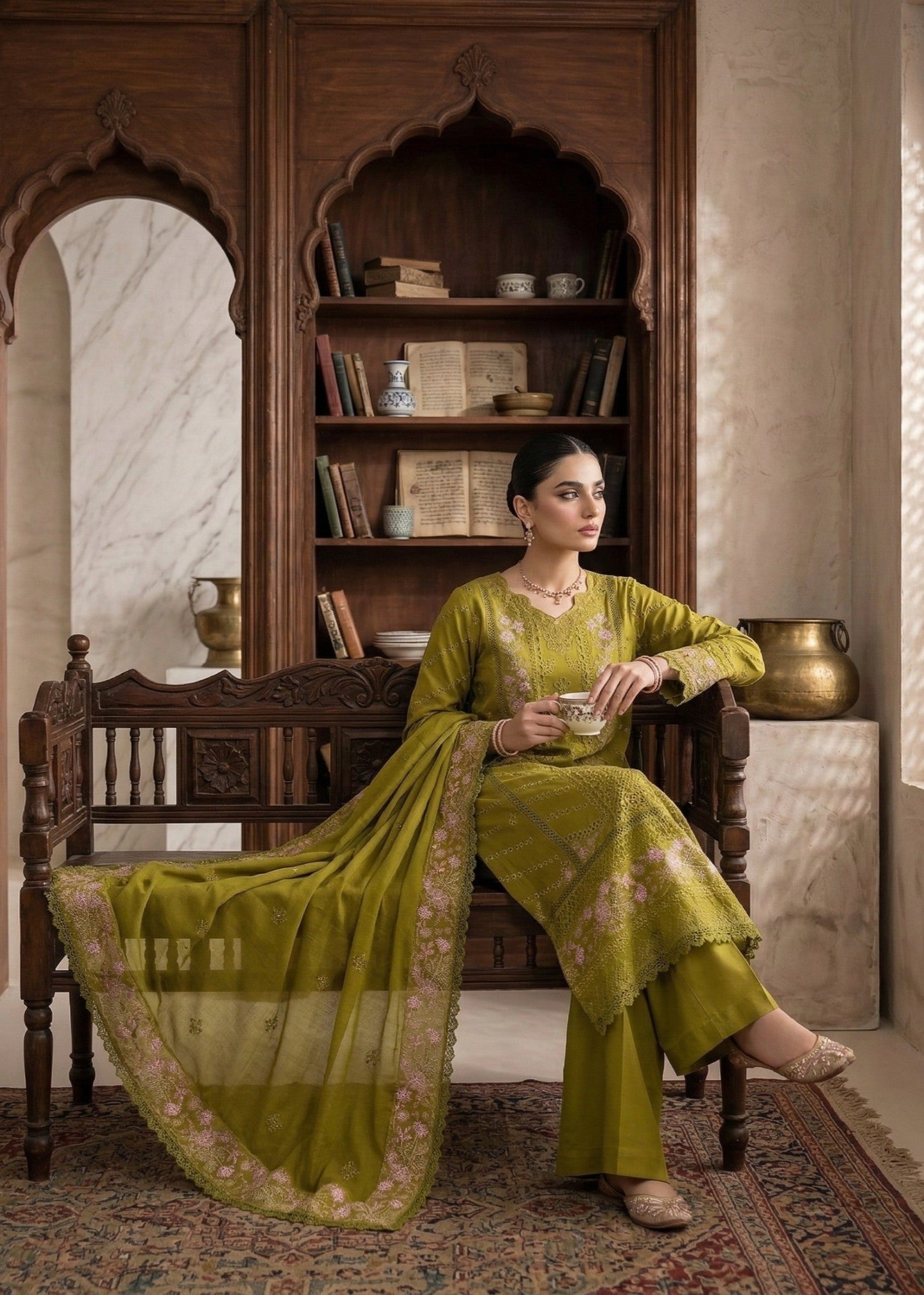Olive Green Lawn Embroidered Suit for Women Online in KSA Riyadh Saudi Arabia Oman Bahrain Qatar