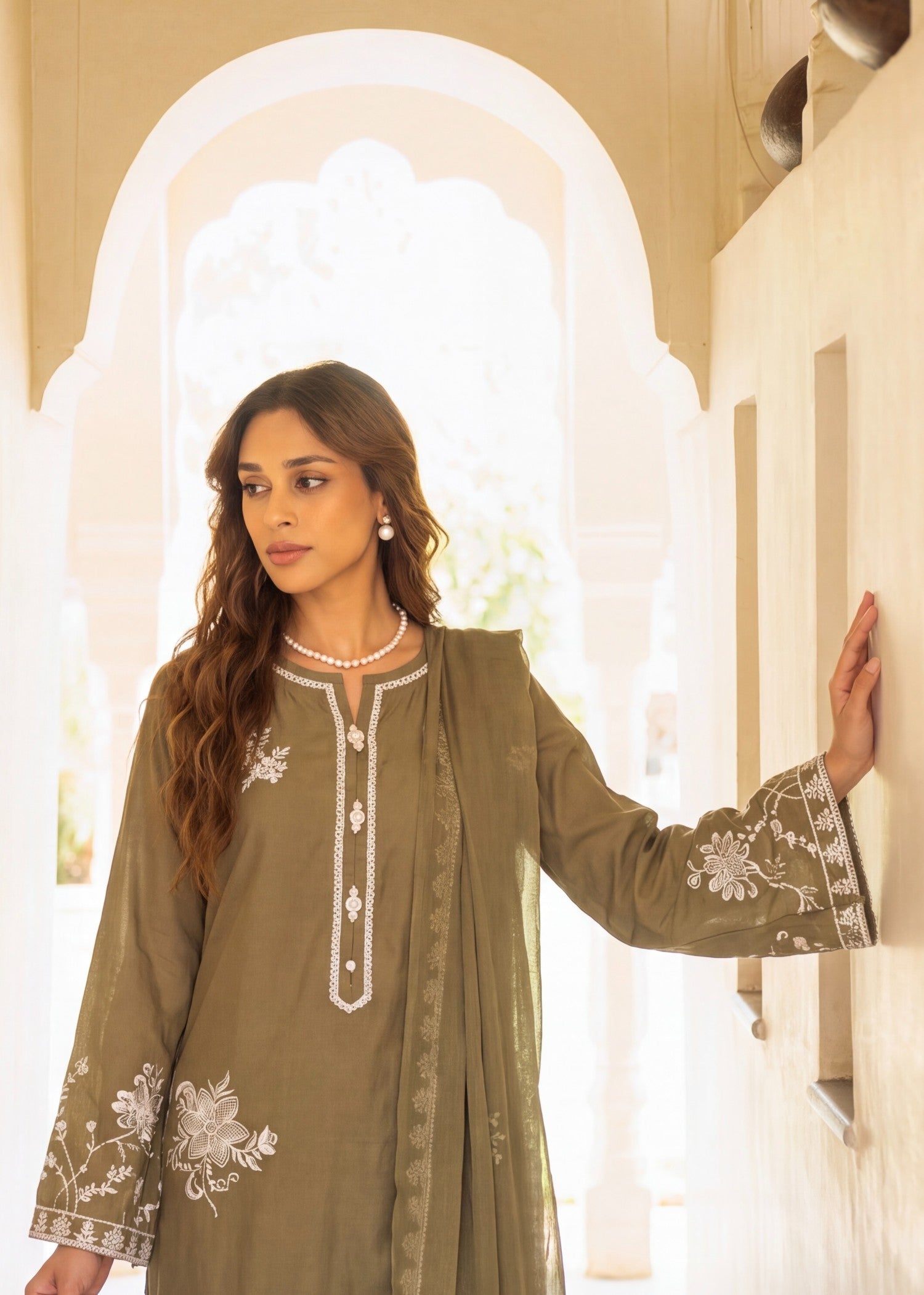 Olive Green Lawn Kurti with Trouser and Dupatta Online in Sri Lanka India Australia