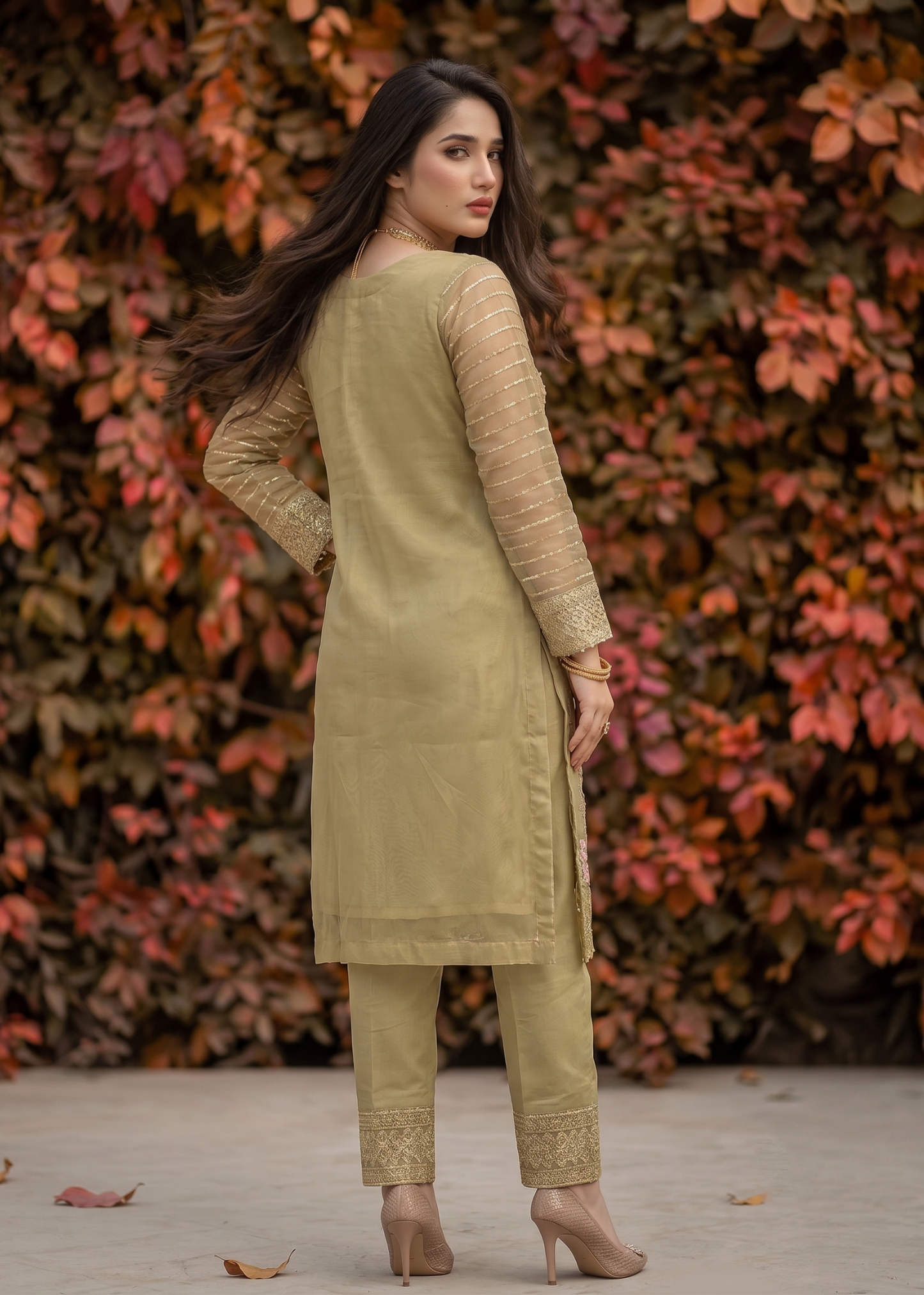 Olive Green Organza Embroidered Festive Suit Online in KSA Riyadh Saudi Arabia Oman Bahrain Qatar