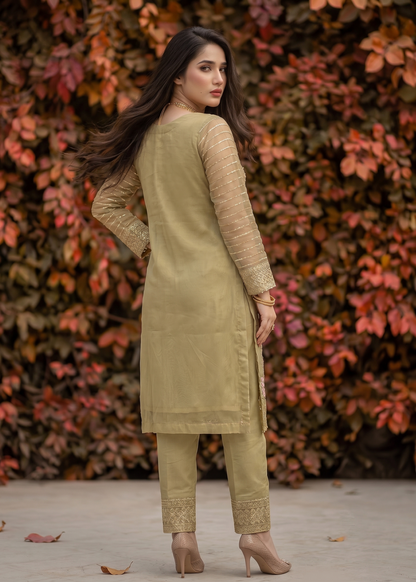 Olive Green Organza Embroidered Festive Suit Online in KSA Riyadh Saudi Arabia Oman Bahrain Qatar