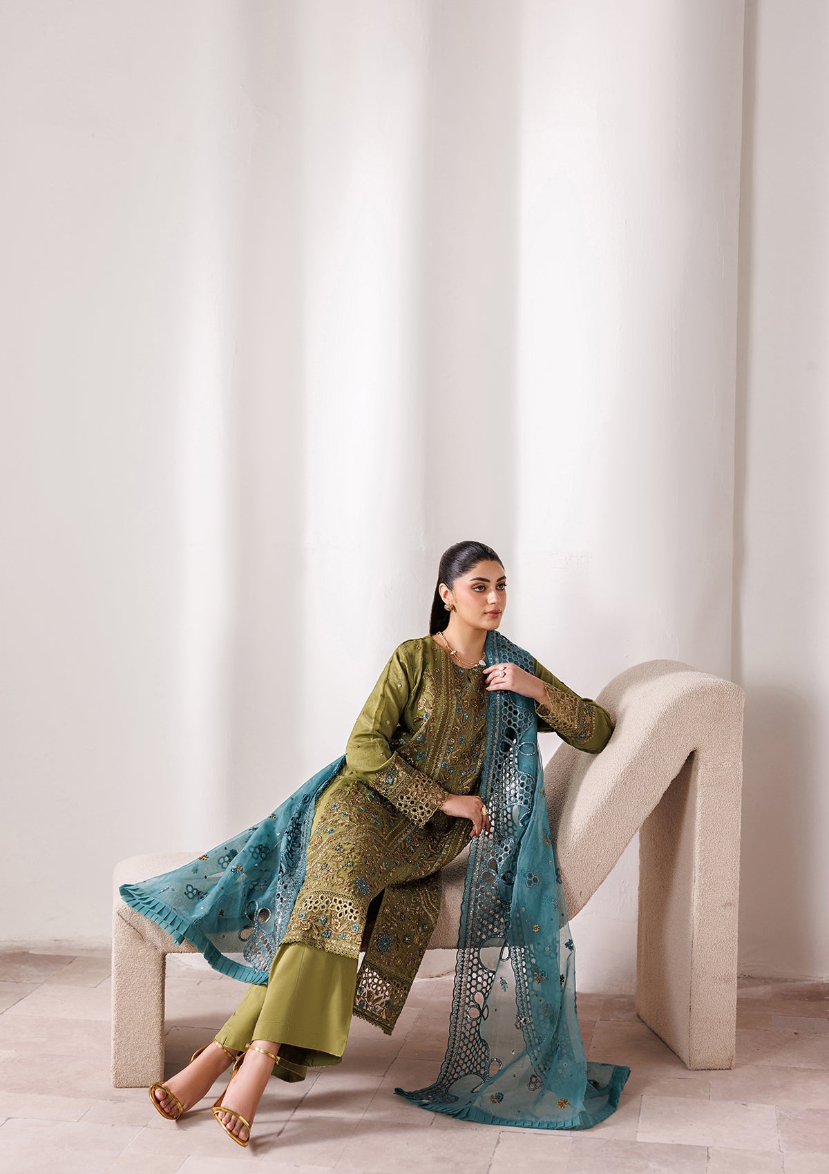 Olive Green Organza Embroidered Wedding Guest Suit Online in KSA Riyadh Saudi Arabia Oman Bahrain Qatar
