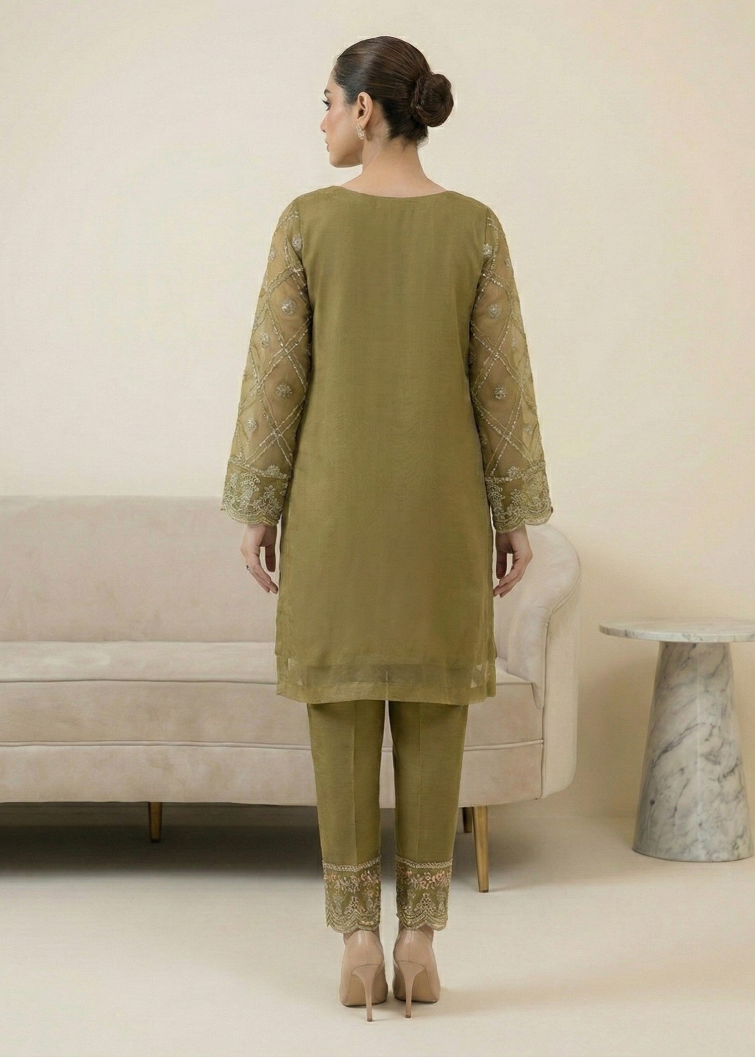 Olive Green Organza Festive Party Wear Suit Online in KSA Riyadh Saudi Arabia Oman Bahrain Qatar