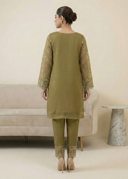 Olive Green Organza Festive Party Wear Suit Online in KSA Riyadh Saudi Arabia Oman Bahrain Qatar
