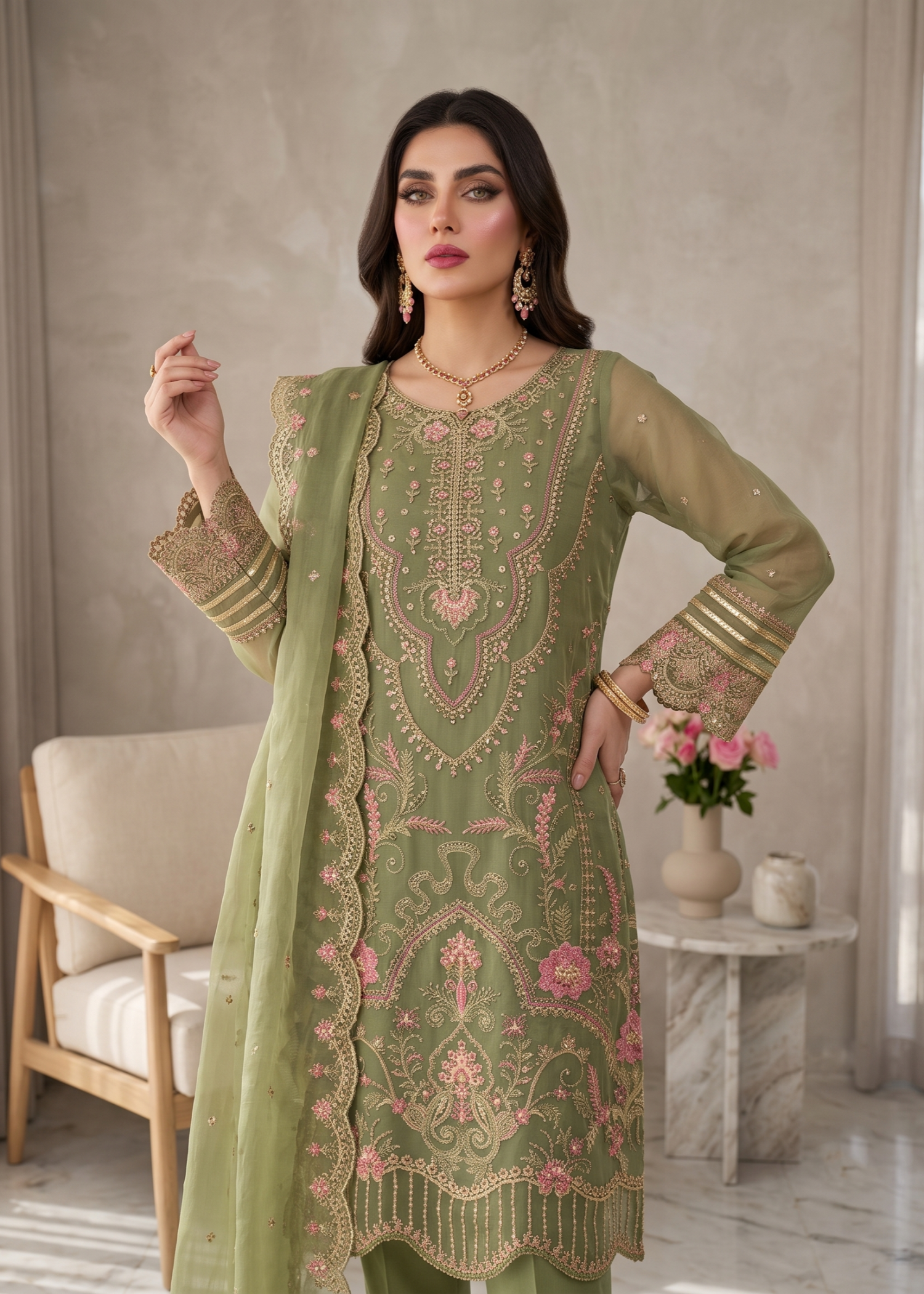Olive Green Organza Festive Wear Salwar Suit Online in Dubai UAE Abudhabi Ajman Sharjah