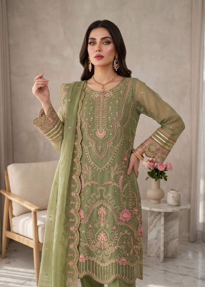 Olive Green Organza Festive Wear Salwar Suit Online in Dubai UAE Abudhabi Ajman Sharjah