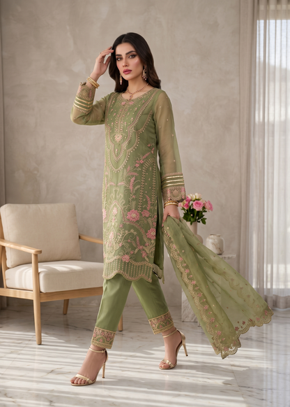 Olive Green Organza Pakistani Designer Suit Online in Sri Lanka India Australia