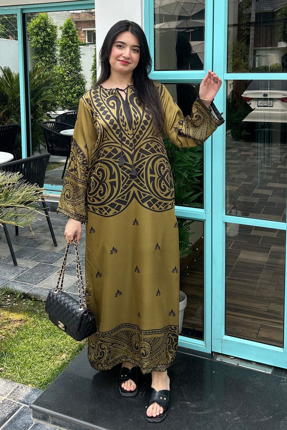 Olive Green Printed Satin Silk Kaftan Online in Dubai UAE Abudhabi Ajman Sharjah