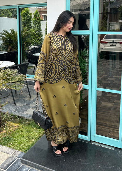 Olive Green Printed Satin Silk Kaftan Online in Dubai UAE Abudhabi Ajman Sharjah