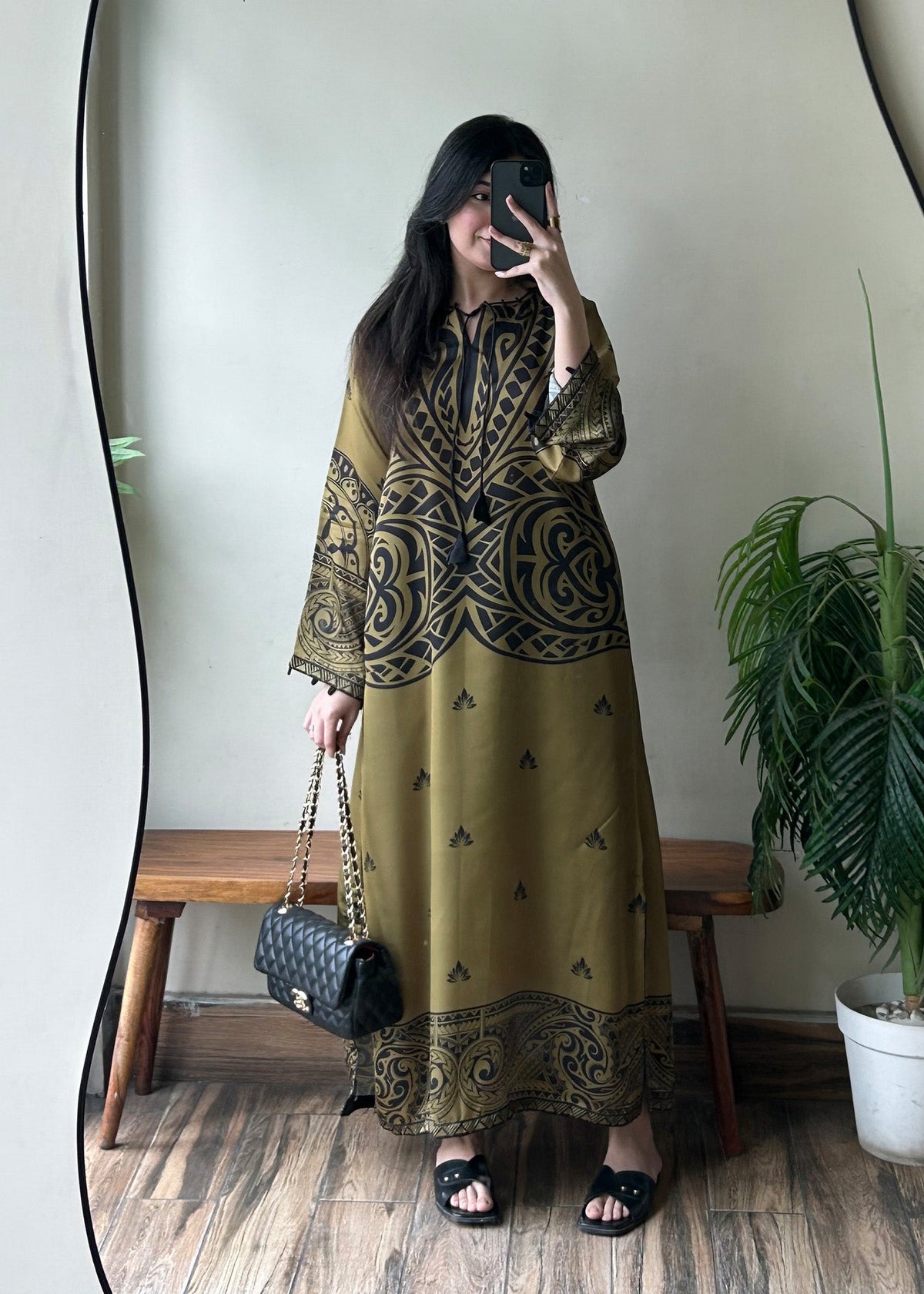 Olive Green Printed Satin Silk Kaftan Online in Dubai UAE Abudhabi Ajman Sharjah