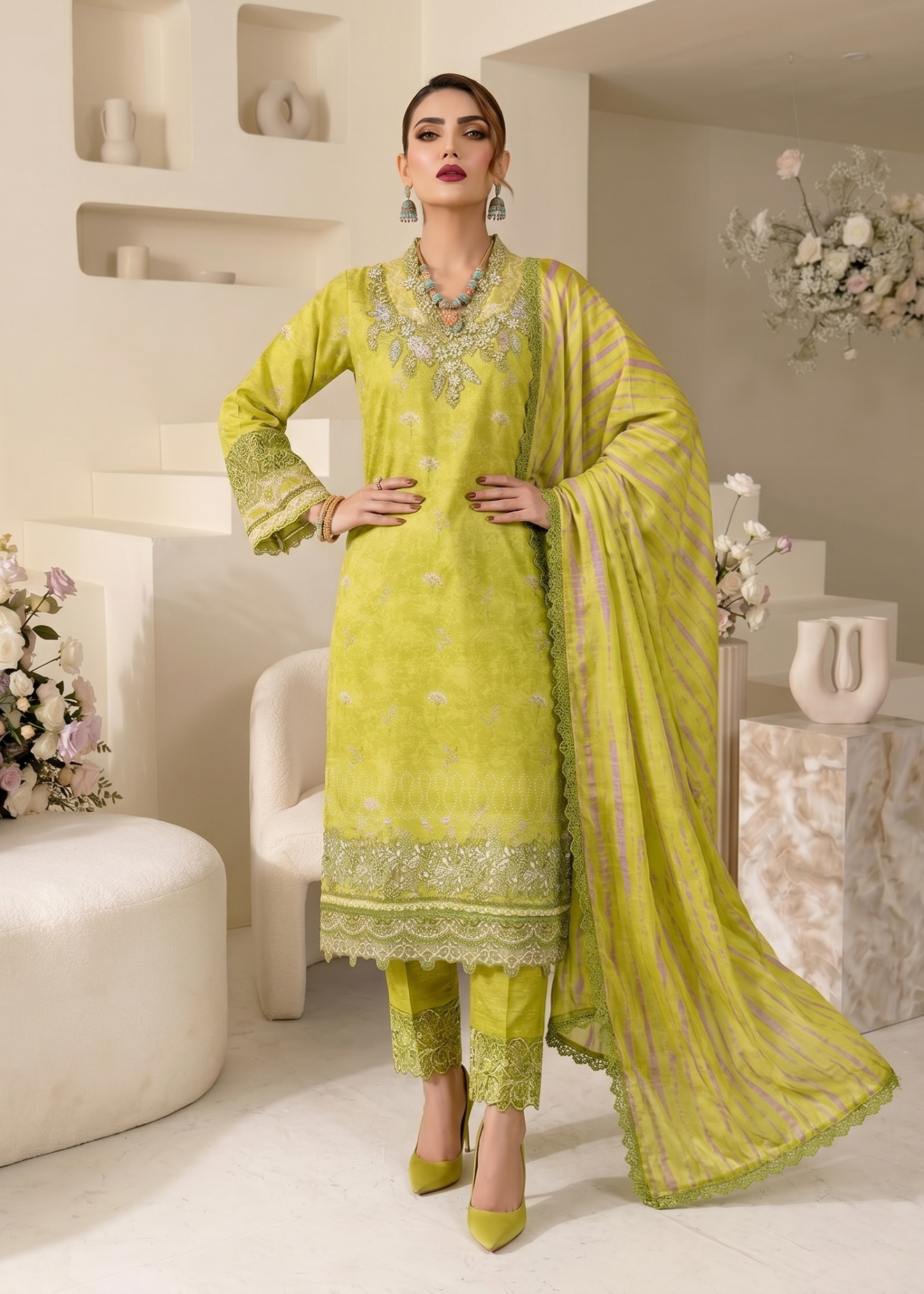 Olive Green Raw Silk Embroidered 3 Piece Suit Online in Sri Lanka India Australia